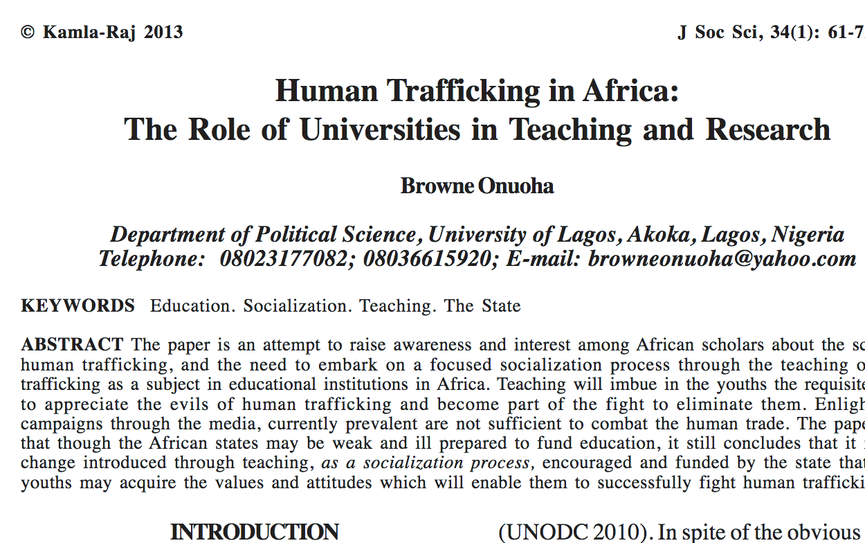 Human Trafficking in Africa: The Role of Universities in Teaching and Research