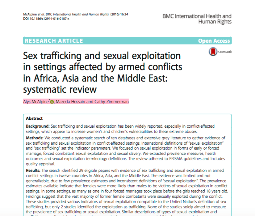 Sex trafficking and Sexual Exploitation in Settings Affected by Armed Conflicts in Africa, Asia and the Middle East: Systematic Review