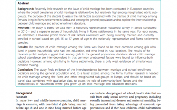 Risk Factors Associated with the Practice of Child Marriage Among Roma Girls in Serbia