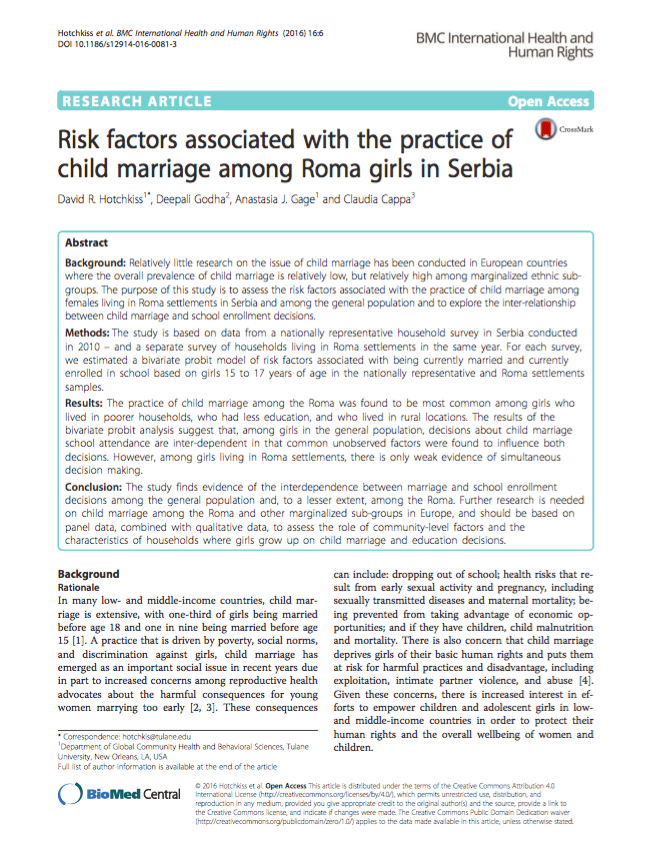 Risk Factors Associated with the Practice of Child Marriage Among Roma Girls in Serbia