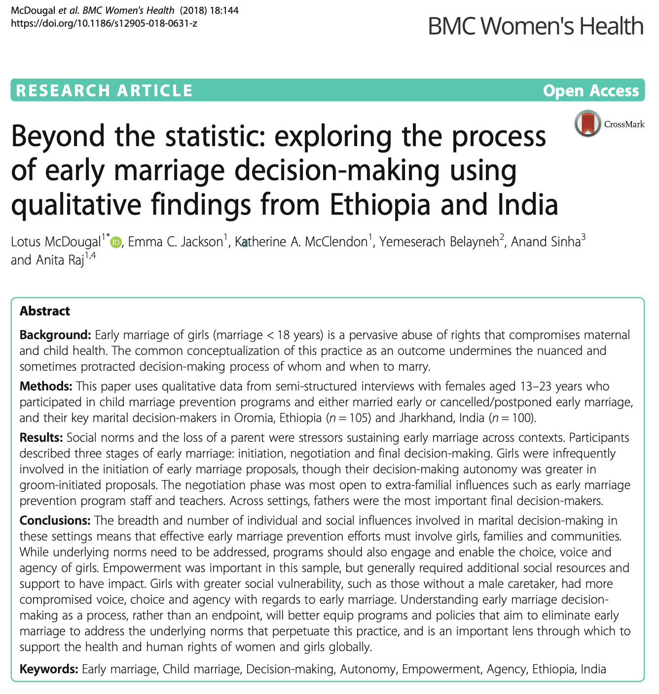 Beyond the statistic: exploring the process of early marriage decision-making using qualitative findings from Ethiopia and India