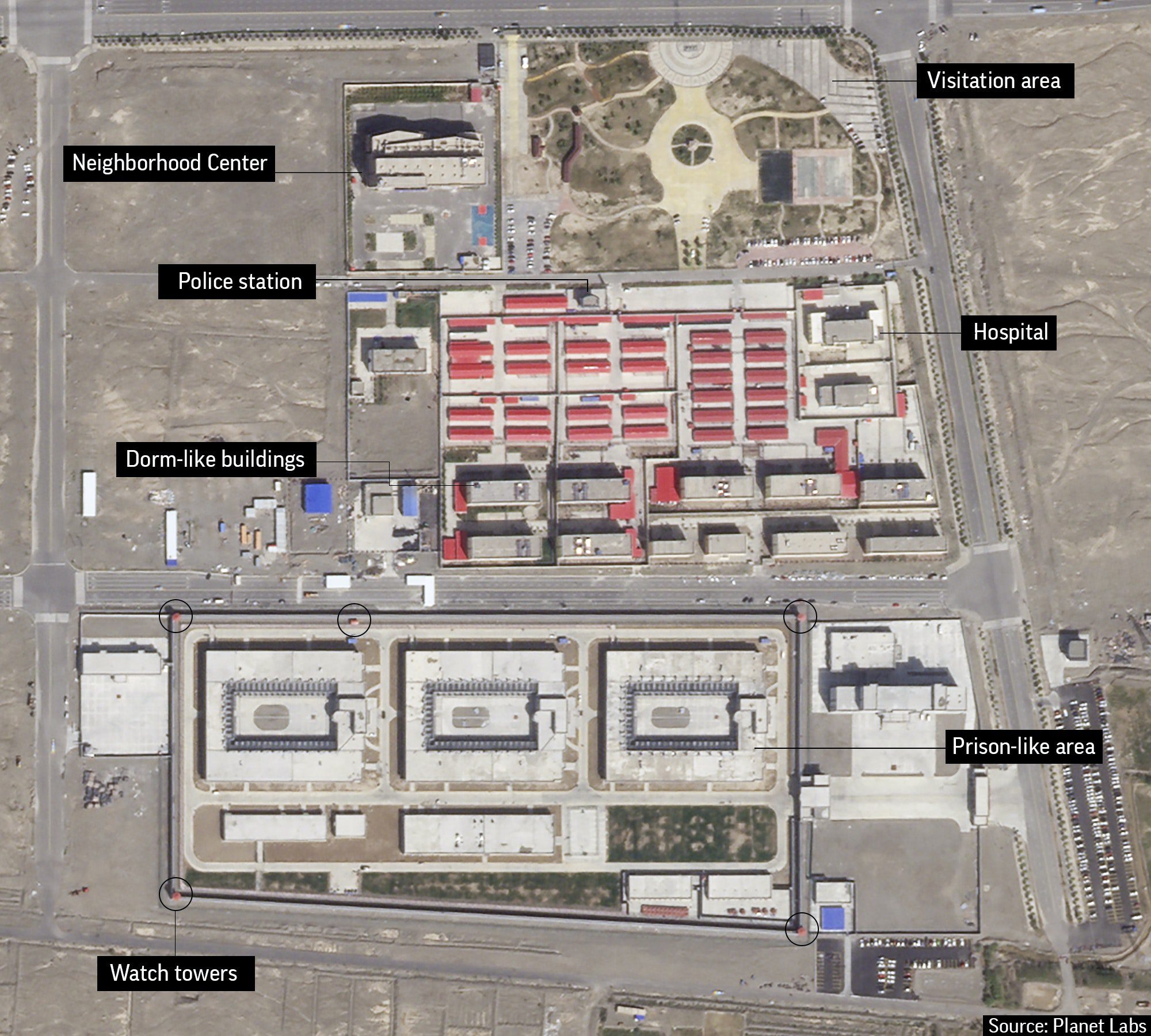 A view from above shows buildings in a grid, with identifying labels such as police station, hospital and visitation center.