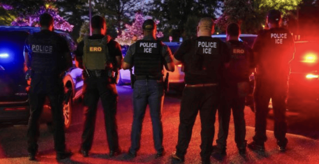 row of ICE officers standing with their back to the camera and bathed in red and blue light
