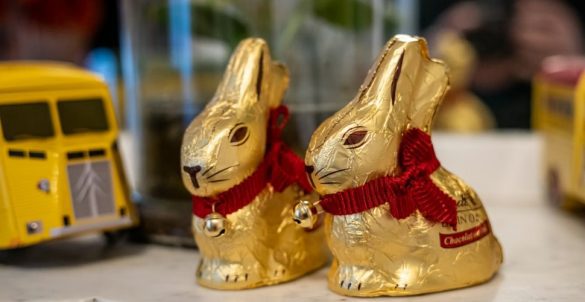 Two Lindt gold wrapped chocolate bunnies